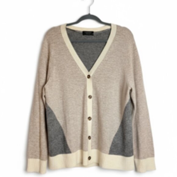 100% Cashmere Charter Club Colorblock Cardigan Sweater Gray Beige Cream Women’s - Picture 1 of 12